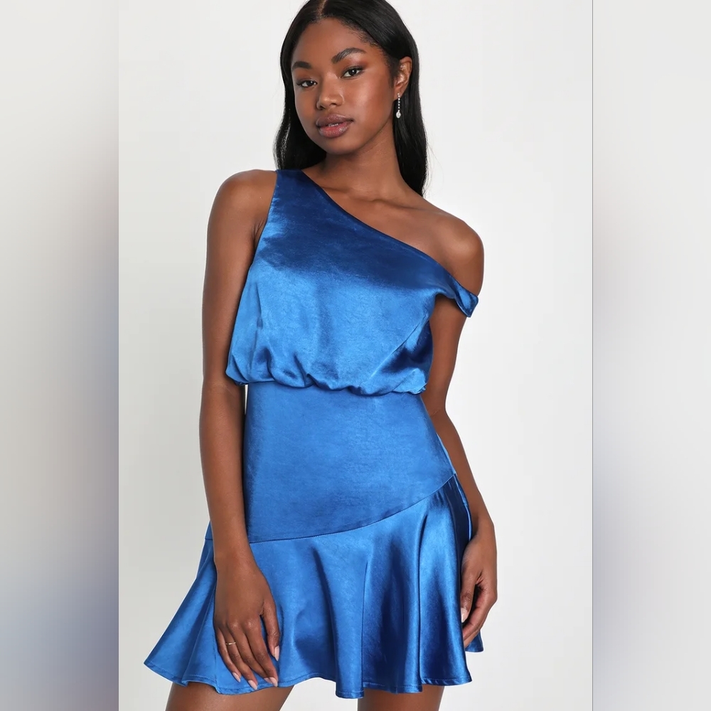 Blue Satin One Shoulder Mini Dress